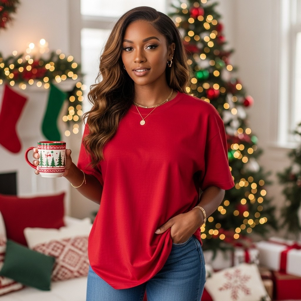 Stocking Wall Red Tee — Black woman Christmas t-shirt mockup. Blank t-shirt mockup for Etsy, Shopify & print on demand | The Royal Edit