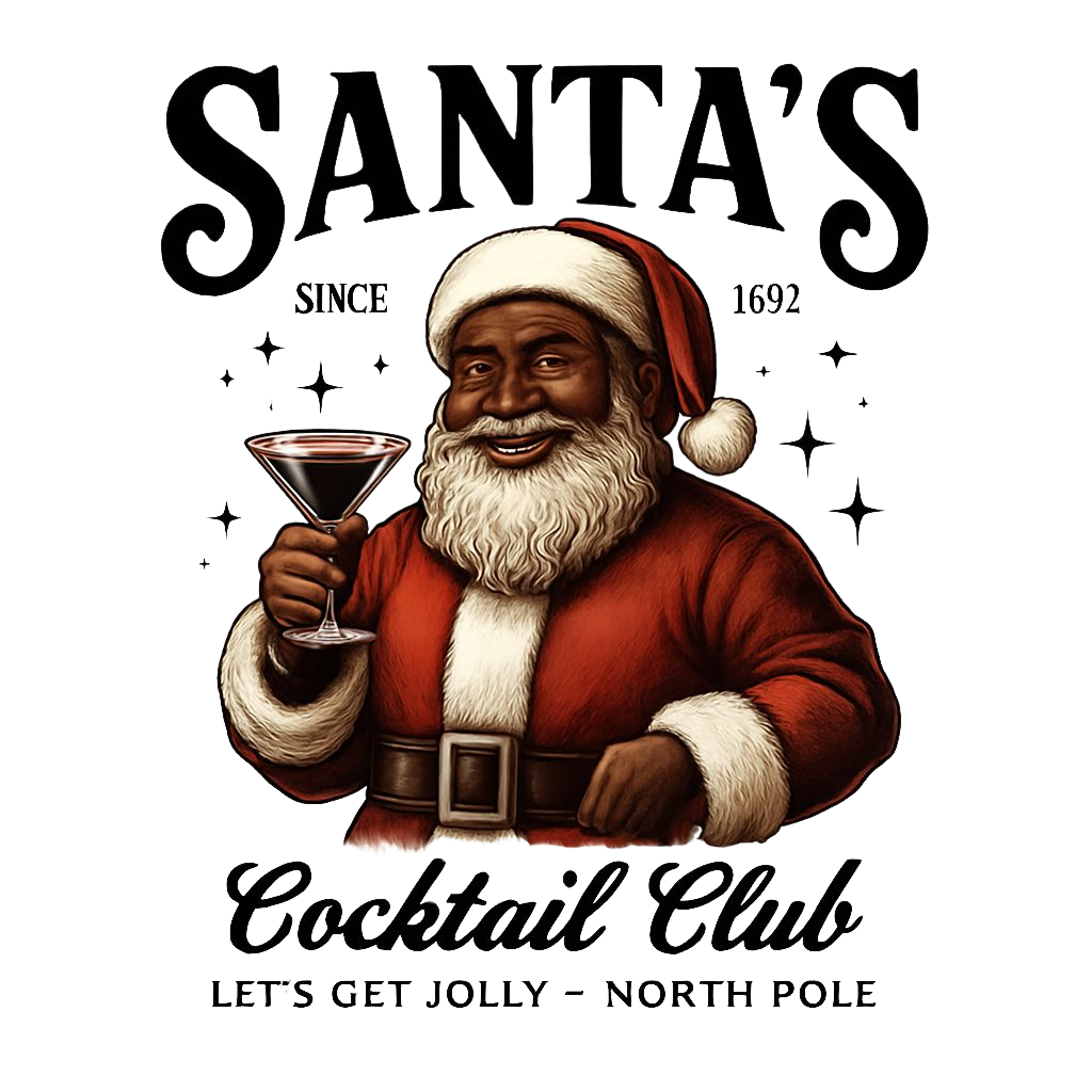 Vintage Black Santa Cocktail Club — Christmas PNG design for shirts, sweatshirts & mugs. Black art sublimation & DTF print file | The Royal Edit