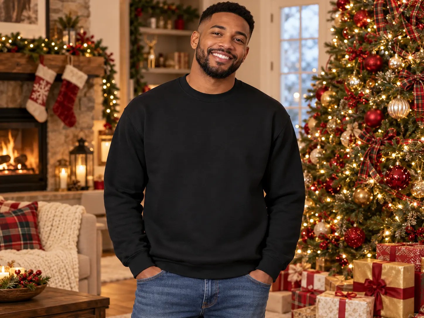 Men’s Black Sweatshirt Christmas Tree Mockup — Black man Christmas sweatshirt mockup. Blank sweatshirt mockup for Etsy, Shopify & print on demand | The Royal Edit