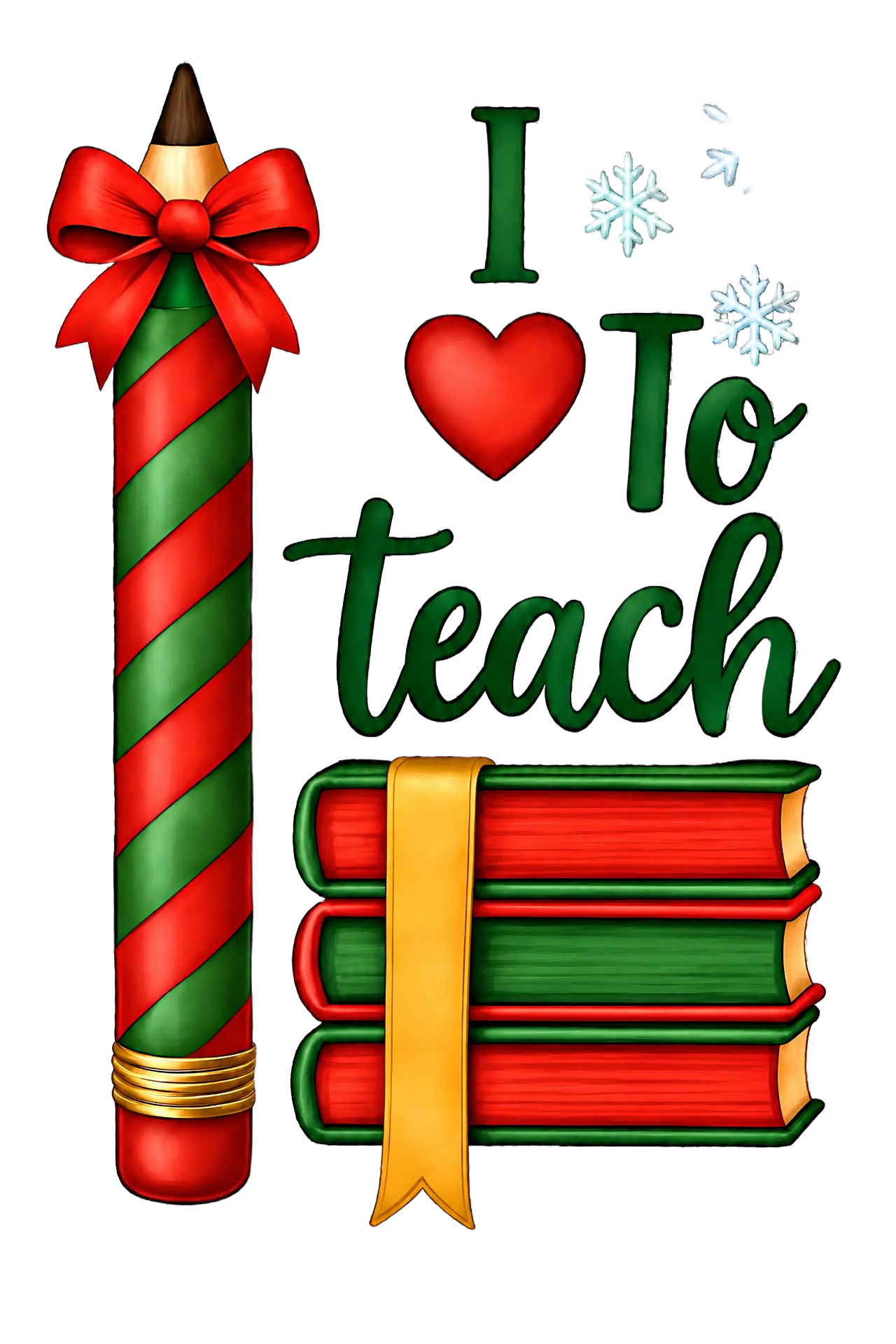 I Love to Teach — Christmas Pencil & Books — Christmas PNG design for shirts, sweatshirts & mugs. Black art sublimation & DTF print file | The Royal Edit