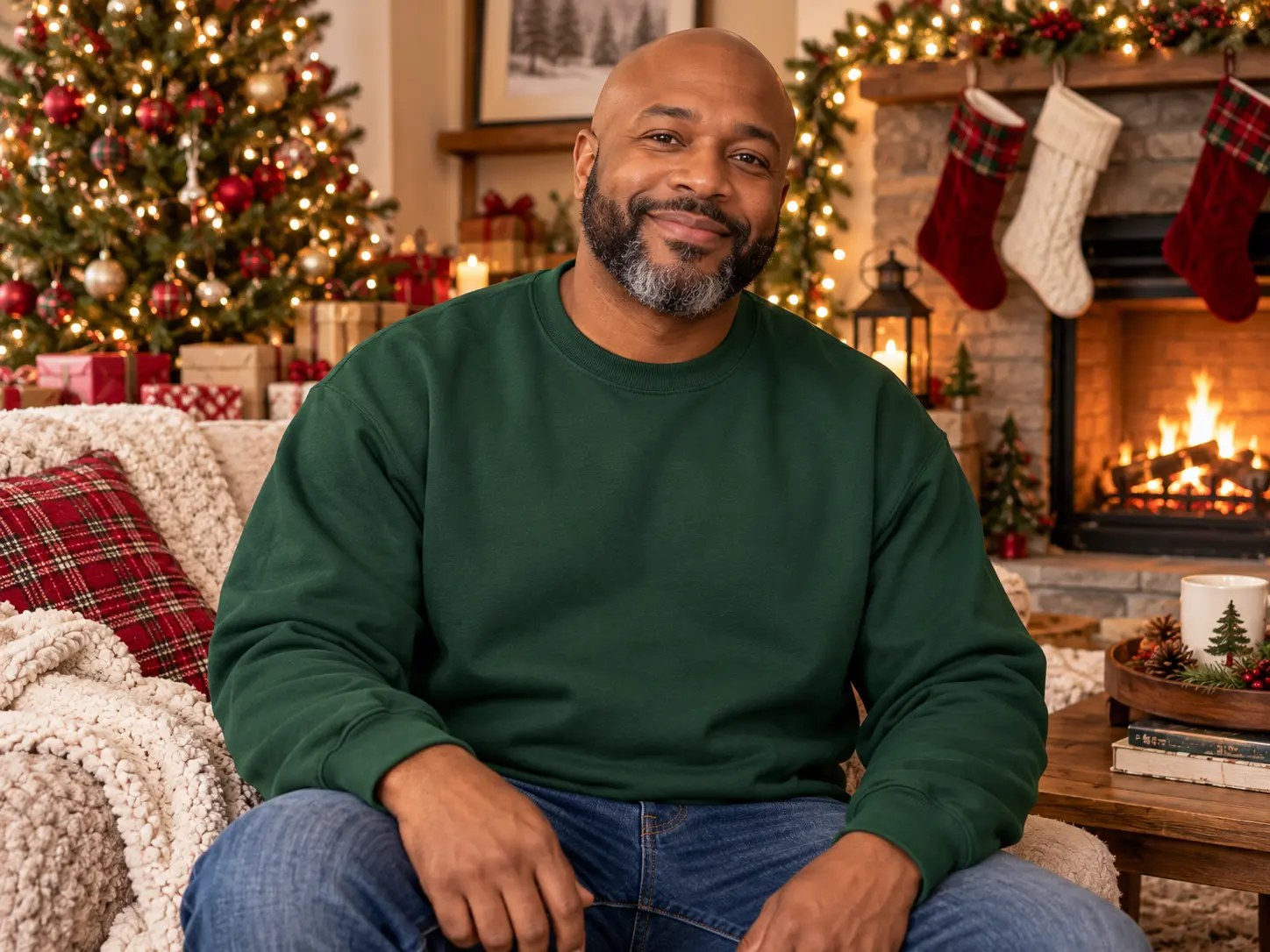 Men’s Forest Green Sweatshirt Fireside Mockup — Black man Christmas sweatshirt mockup. Blank sweatshirt mockup for Etsy, Shopify & print on demand | The Royal Edit