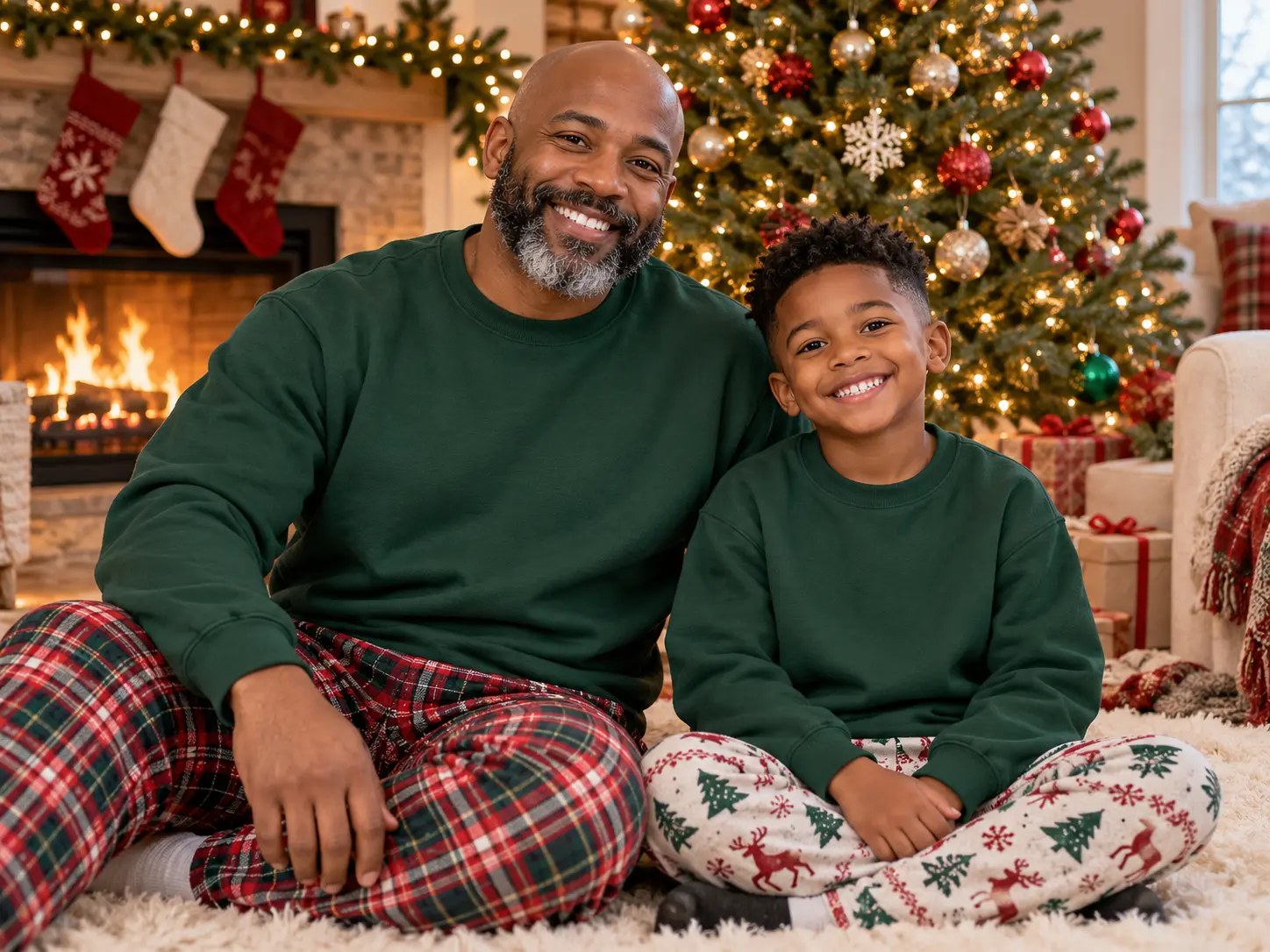 Dad & Son Green Sweatshirt Pajama Mockup — Black family Christmas sweatshirt mockup, matching family holiday shirts. Blank sweatshirt mockup for Etsy, Shopify & print on demand | The Royal Edit