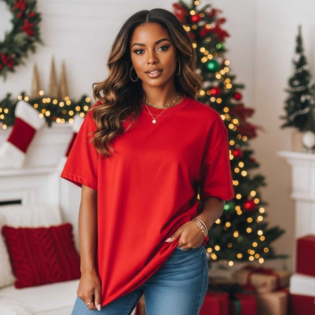 Tree Glow Red Tee — Black woman Christmas t-shirt mockup. Blank t-shirt mockup for Etsy, Shopify & print on demand | The Royal Edit