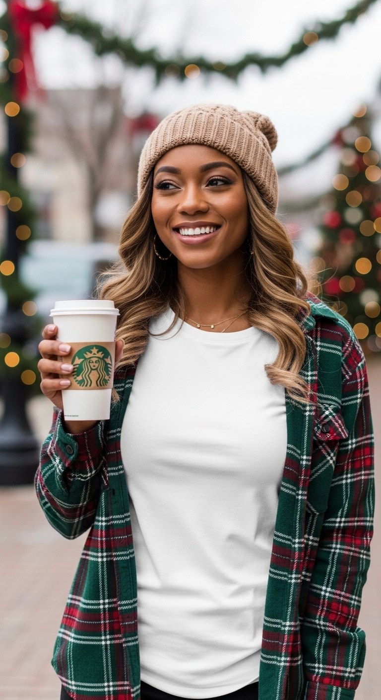 Flannel & Cocoa Tee — Black woman Christmas t-shirt mockup. Blank t-shirt mockup for Etsy, Shopify & print on demand | The Royal Edit