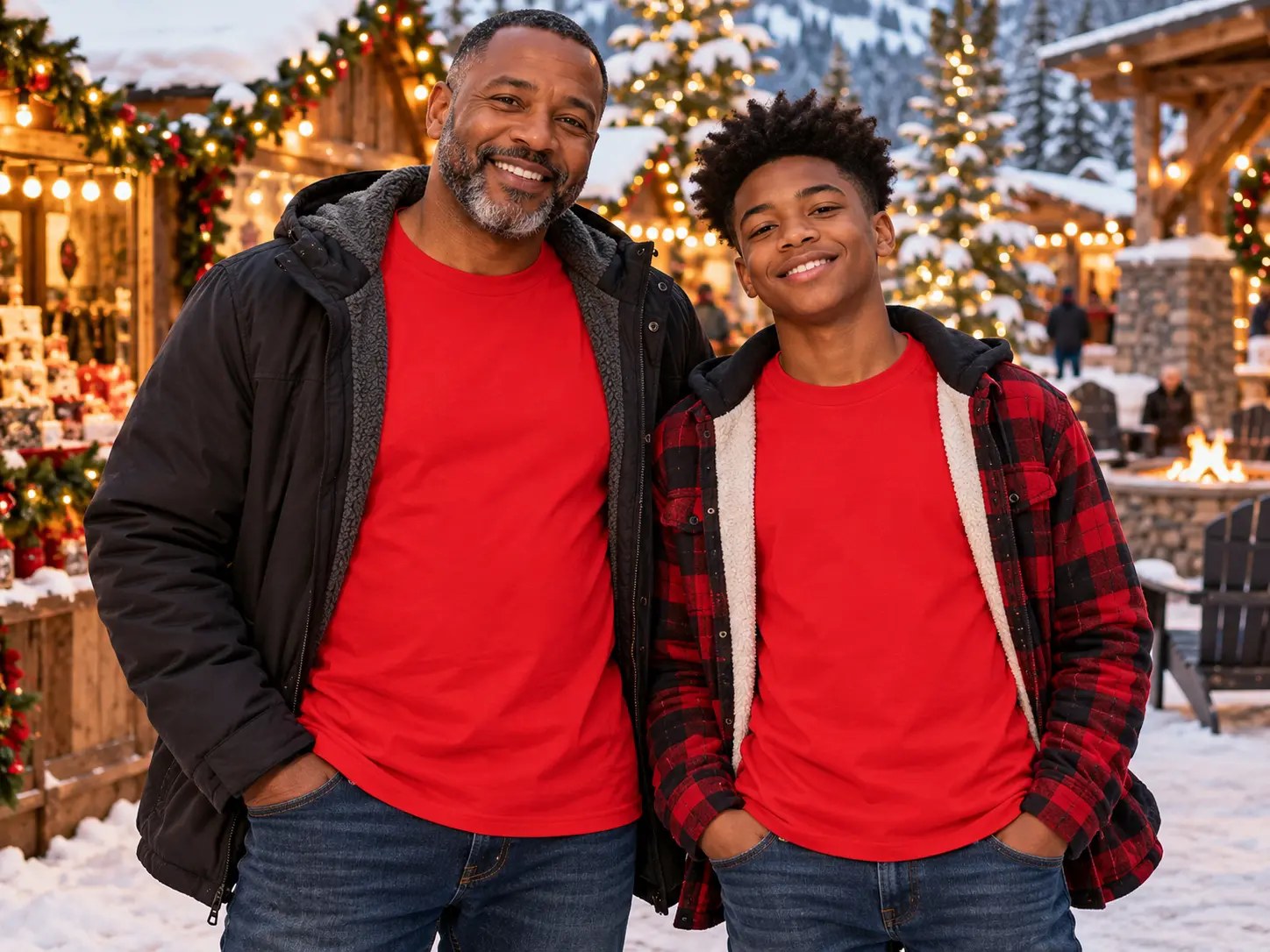 Dad & Son Red T-Shirt Winter Village Mockup — Black family Christmas t-shirt mockup, matching family holiday shirts. Blank t-shirt mockup for Etsy, Shopify & print on demand | The Royal Edit