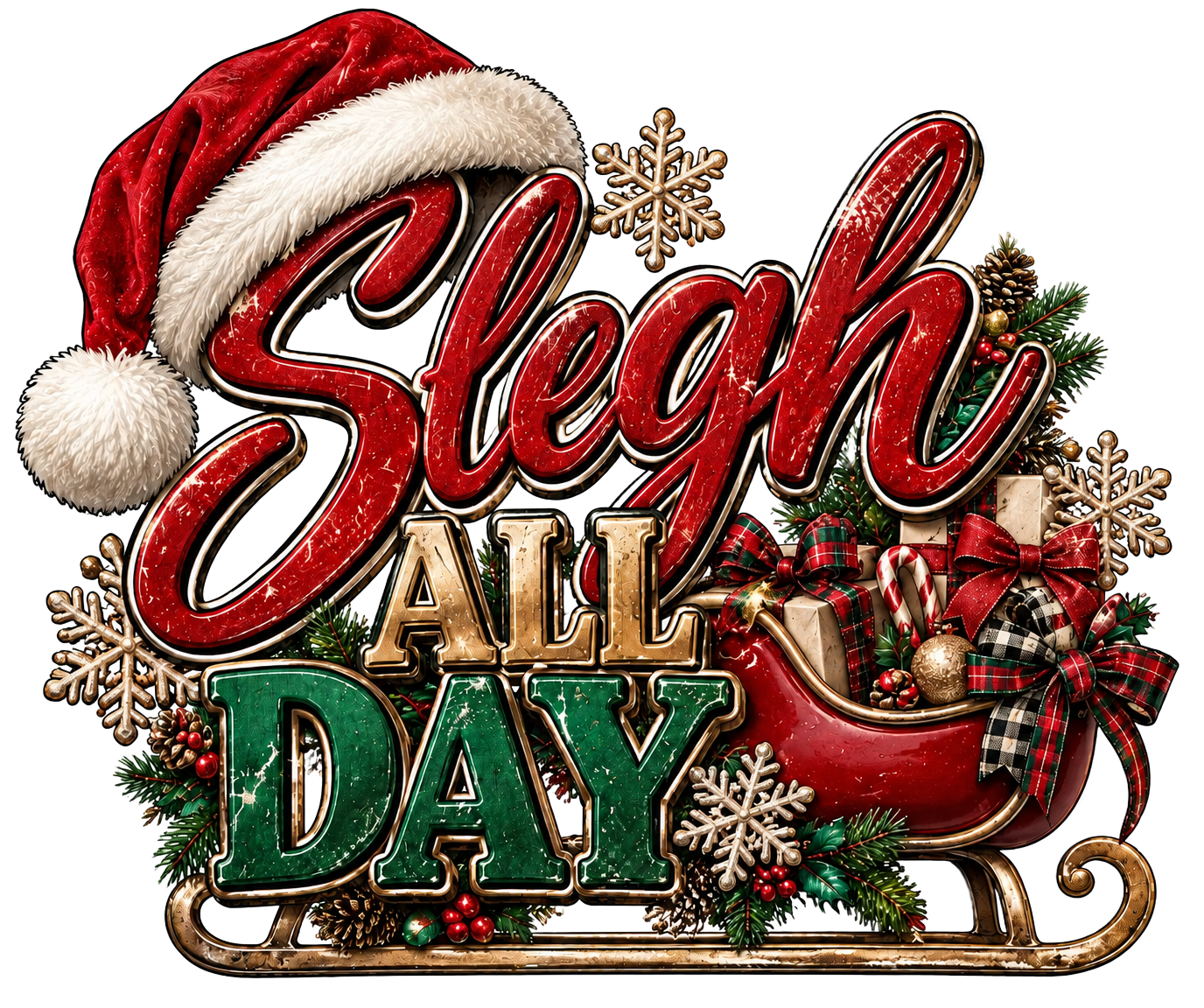Sleigh All Day Christmas — Christmas PNG design for shirts, sweatshirts & mugs. Black art sublimation & DTF print file | The Royal Edit