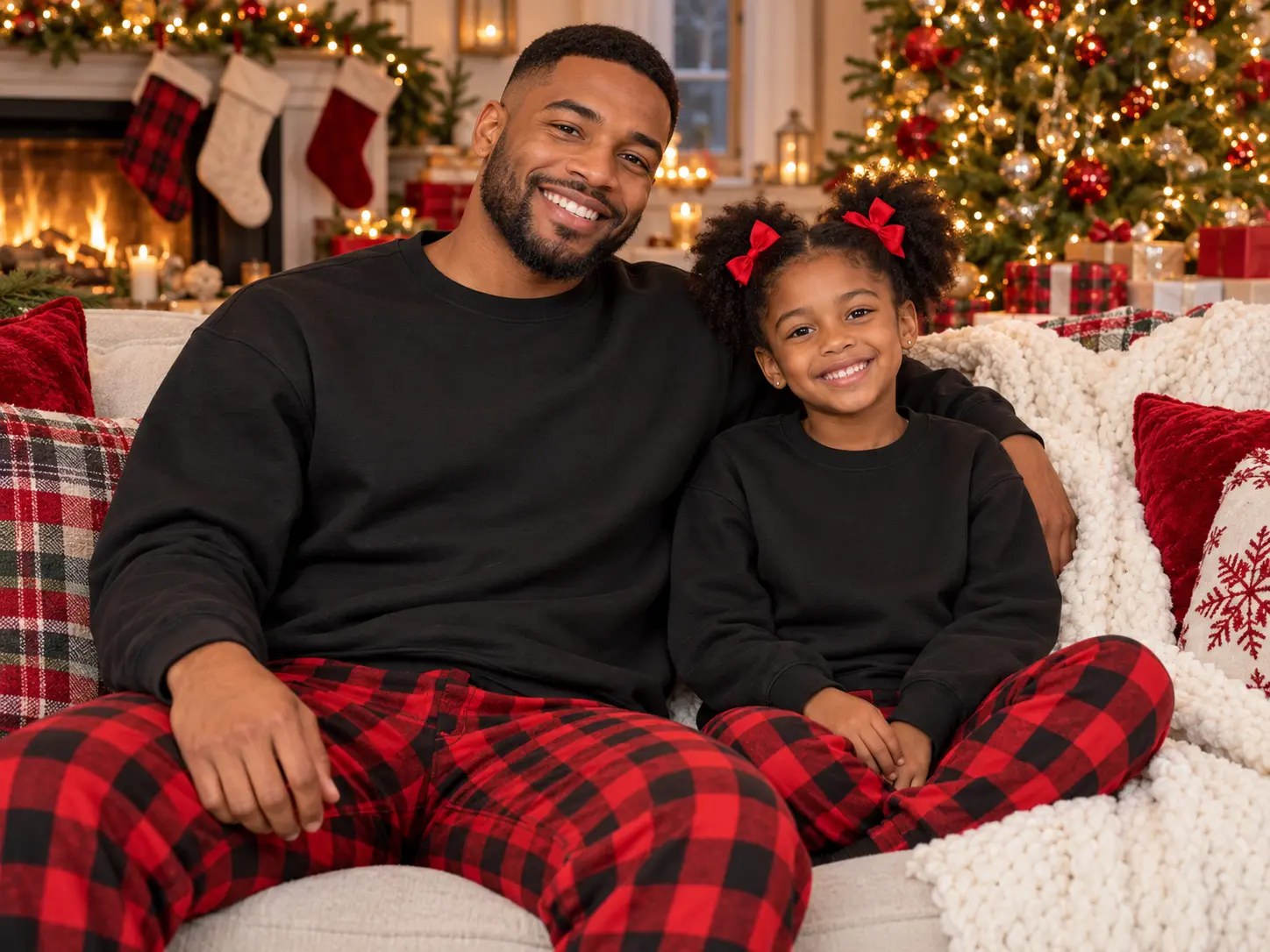 Dad & Daughter Black Crewneck Pajama Mockup — Black family Christmas sweatshirt mockup, matching family holiday shirts. Blank sweatshirt mockup for Etsy, Shopify & print on demand | The Royal Edit