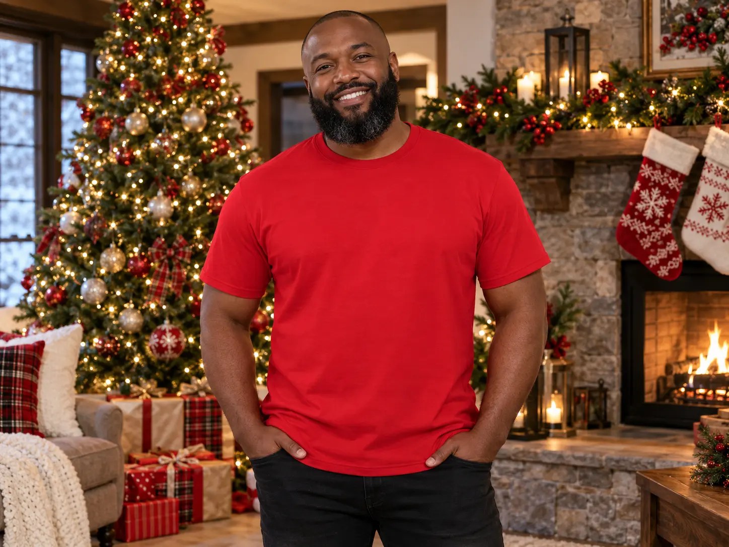 Men’s Red T-Shirt Christmas Living Room Mockup — Black man Christmas t-shirt mockup. Blank t-shirt mockup for Etsy, Shopify & print on demand | The Royal Edit