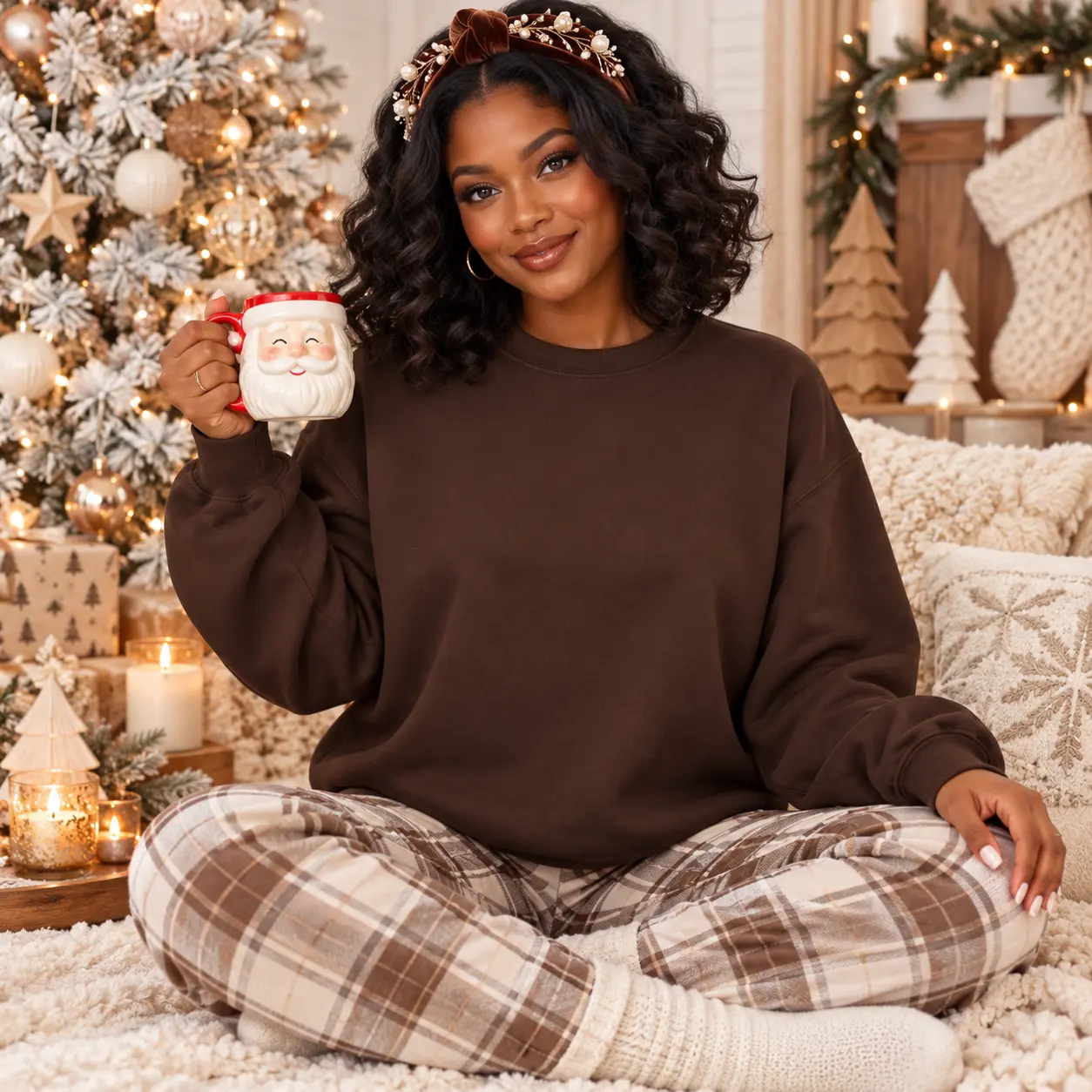 Women’s Brown Sweatshirt Santa Mug Mockup — Black woman Christmas sweatshirt mockup. Blank sweatshirt mockup for Etsy, Shopify & print on demand | The Royal Edit