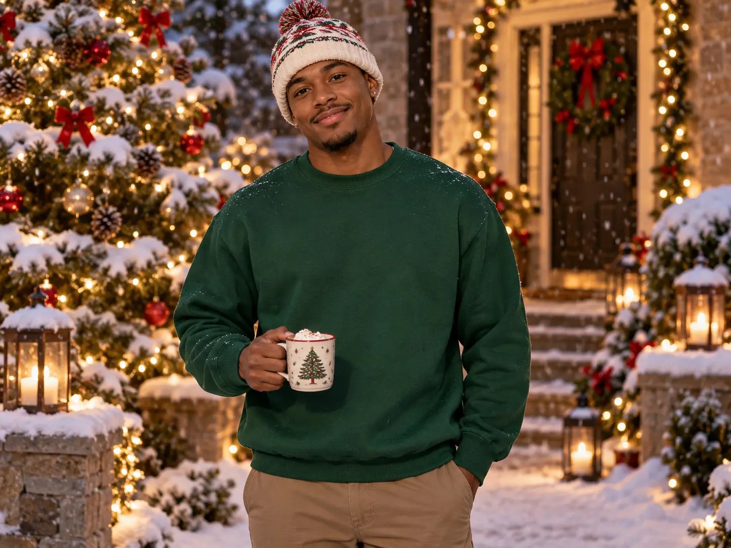 Men’s Forest Green Sweatshirt Holiday Mockup — Black man Christmas sweatshirt mockup. Blank sweatshirt mockup for Etsy, Shopify & print on demand | The Royal Edit