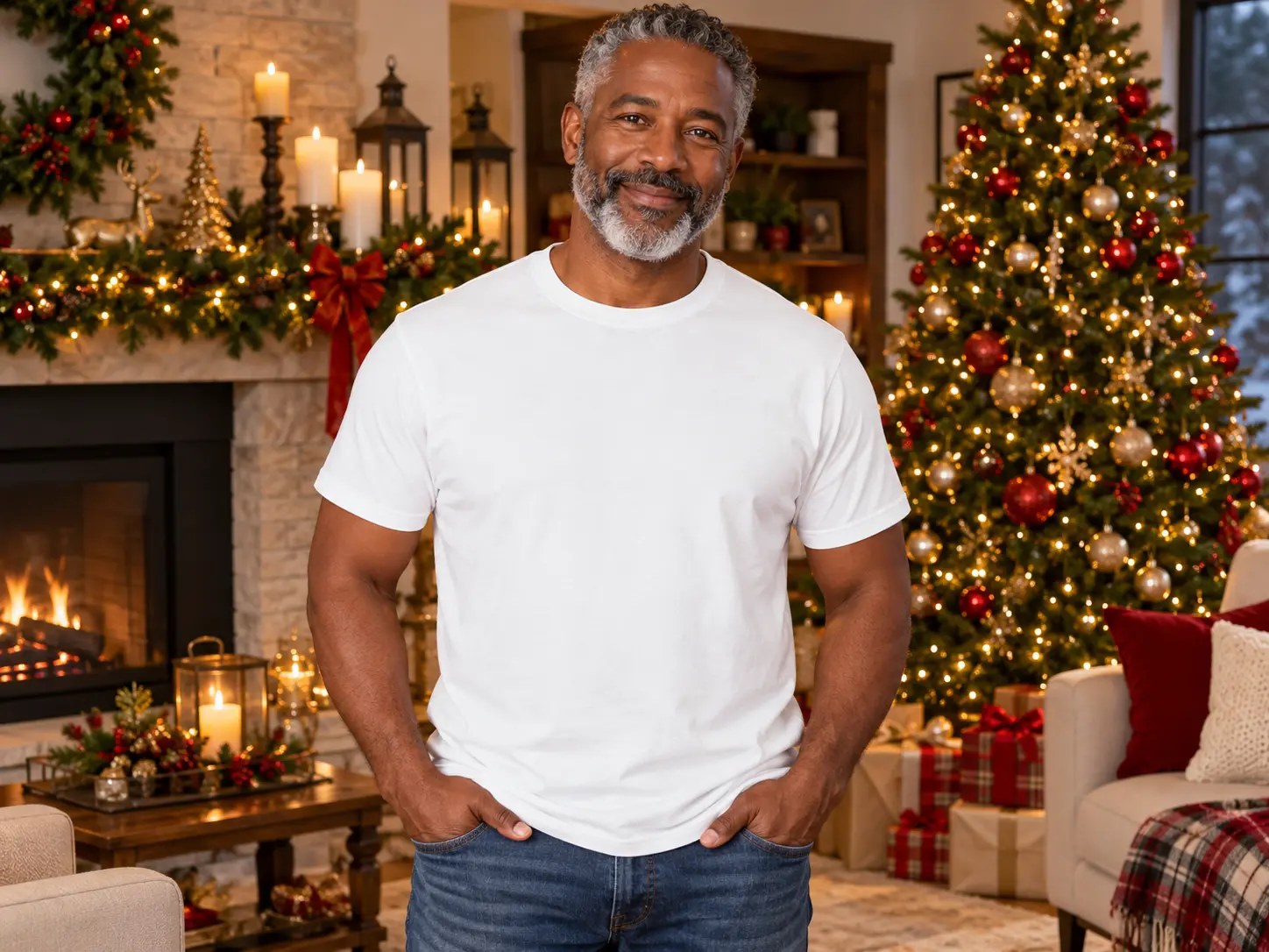 Men’s White T-Shirt Fireplace Christmas Mockup — Black man Christmas t-shirt mockup. Blank t-shirt mockup for Etsy, Shopify & print on demand | The Royal Edit