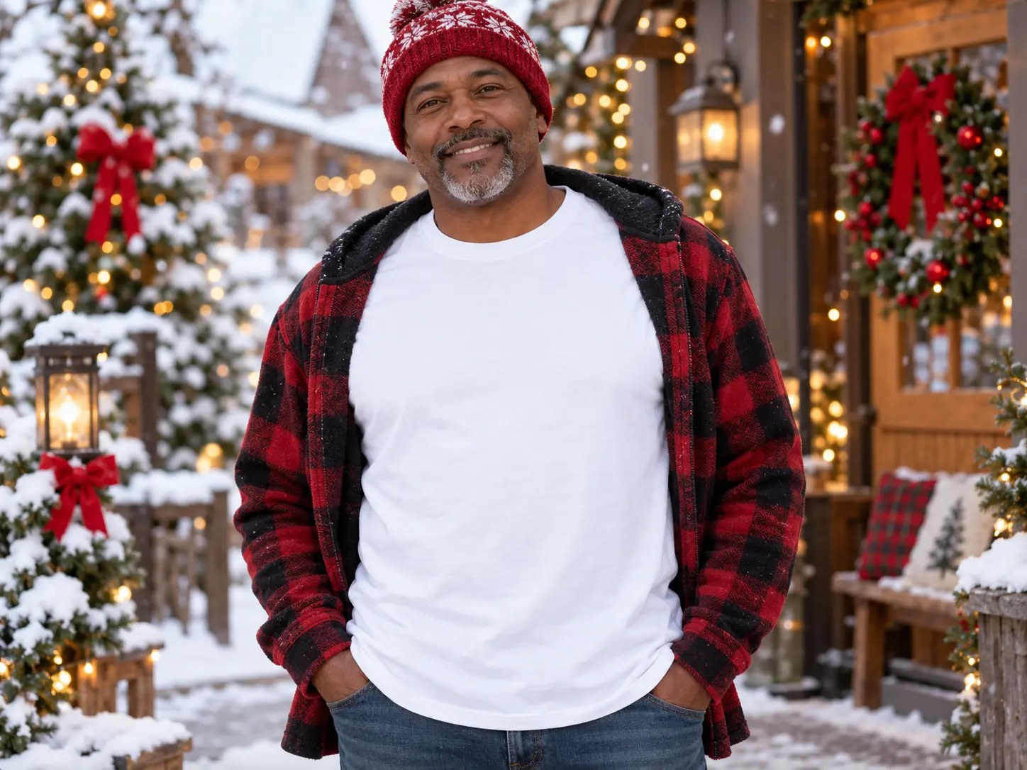 Men’s White Tee & Flannel Christmas Mockup — Black man Christmas t-shirt mockup. Blank t-shirt mockup for Etsy, Shopify & print on demand | The Royal Edit