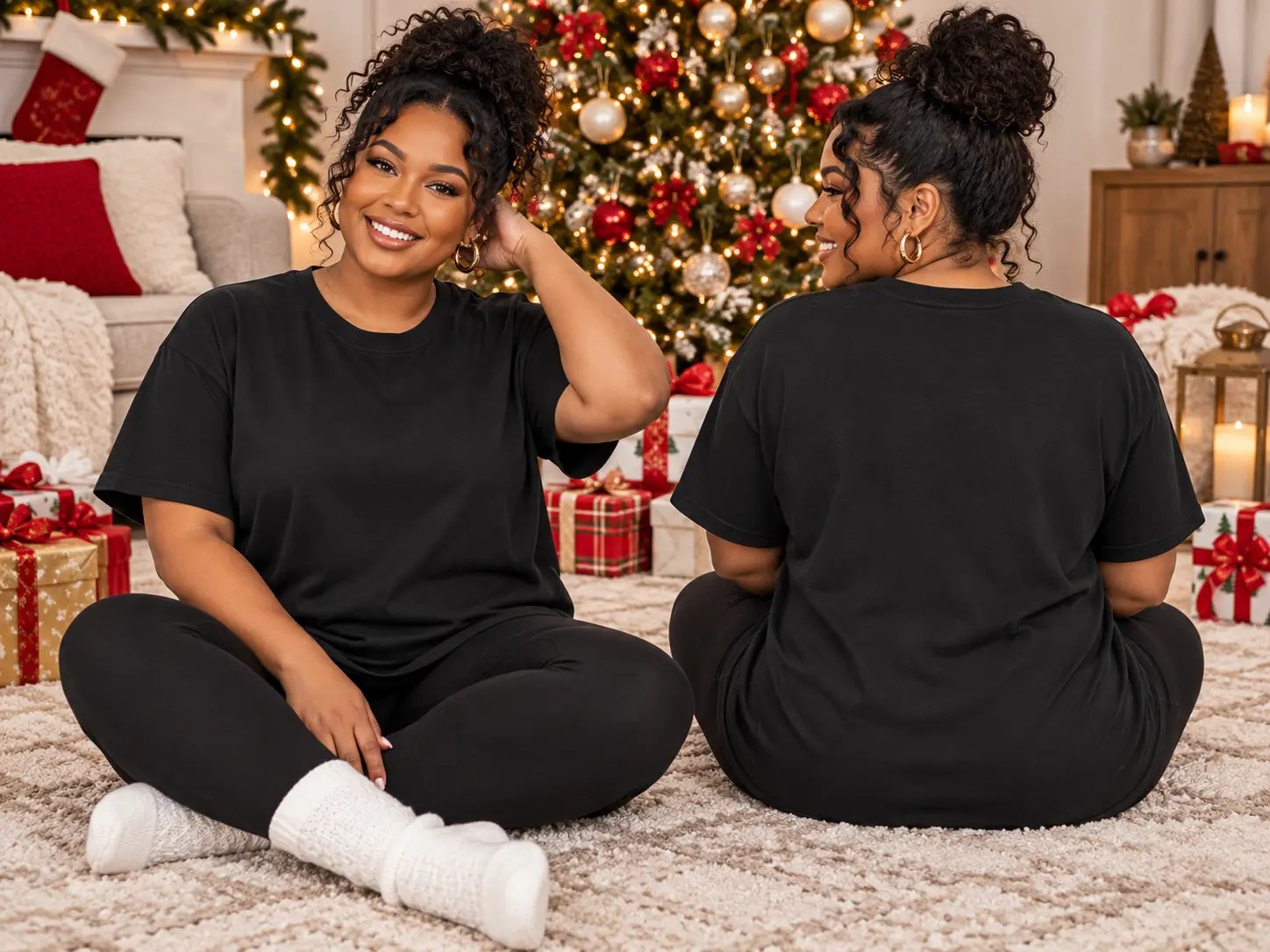 Women’s Black T-Shirt Front & Back Mockup — Black woman Christmas t-shirt mockup, front and back view, plus size curvy model. Blank t-shirt mockup for Etsy, Shopify & print on demand | The Royal Edit