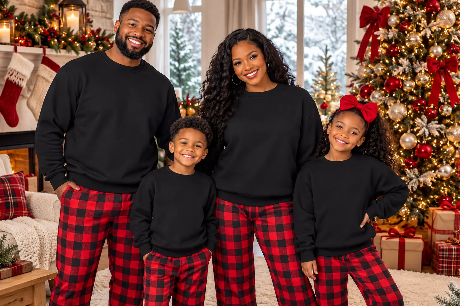 Family Black Sweatshirt Buffalo Plaid Pajama Mockup — Black family Christmas sweatshirt mockup, matching family holiday shirts. Blank sweatshirt mockup for Etsy, Shopify & print on demand | The Royal Edit
