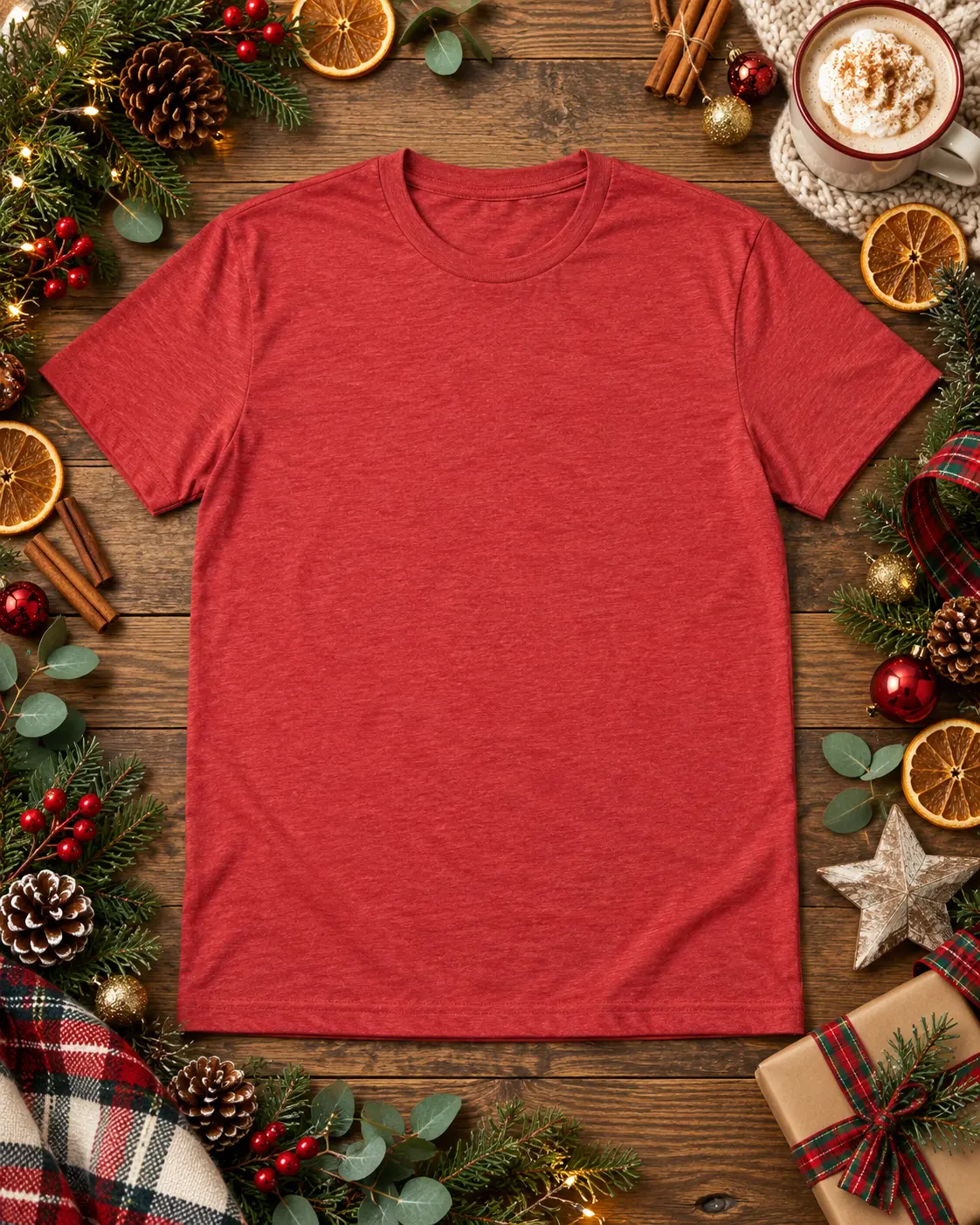 Red T-Shirt Flat Lay Christmas Mockup — Christmas flat lay Christmas t-shirt mockup. Blank t-shirt mockup for Etsy, Shopify & print on demand | The Royal Edit