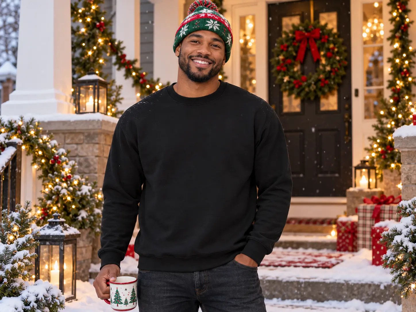 Men’s Black Sweatshirt Christmas Porch Mockup — Black man Christmas sweatshirt mockup. Blank sweatshirt mockup for Etsy, Shopify & print on demand | The Royal Edit