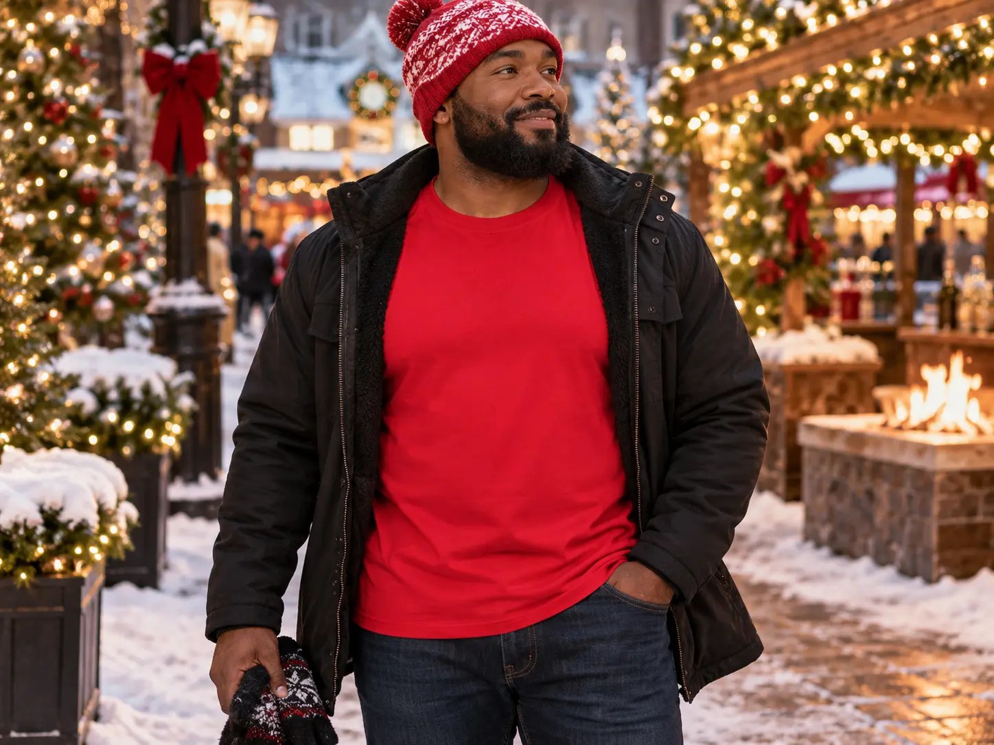Men’s Red T-Shirt Snowy Street Mockup — Black man Christmas t-shirt mockup. Blank t-shirt mockup for Etsy, Shopify & print on demand | The Royal Edit