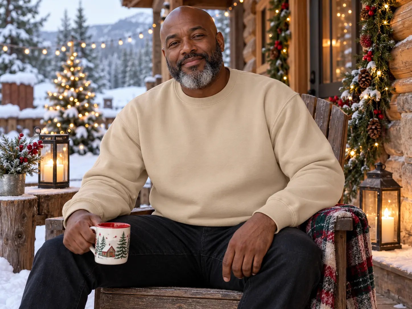 Men’s Sand Crewneck Cozy Cabin Mockup — Black man Christmas sweatshirt mockup. Blank sweatshirt mockup for Etsy, Shopify & print on demand | The Royal Edit