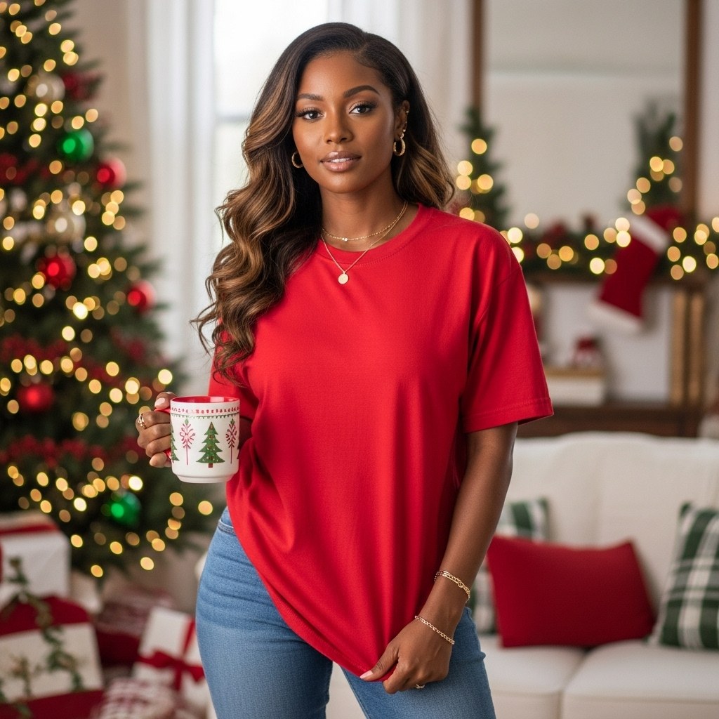 Morning Mug Red Tee — Black woman Christmas t-shirt mockup. Blank t-shirt mockup for Etsy, Shopify & print on demand | The Royal Edit