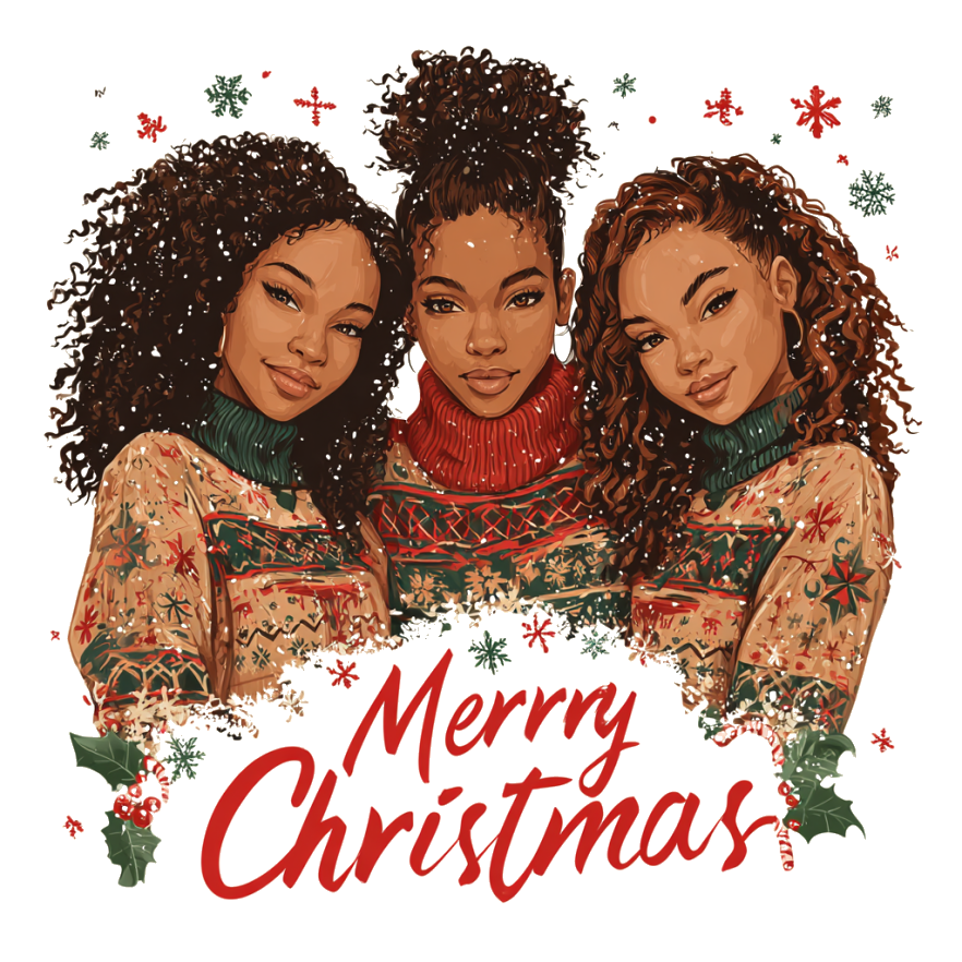 Merry Christmas Sweater Trio — Fair Isle — Christmas PNG design for shirts, sweatshirts & mugs. Black art sublimation & DTF print file | The Royal Edit