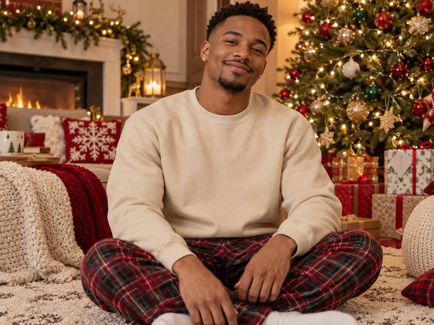 Men’s Sand Crewneck & Plaid Pajama Mockup — Black man Christmas sweatshirt mockup. Blank sweatshirt mockup for Etsy, Shopify & print on demand | The Royal Edit