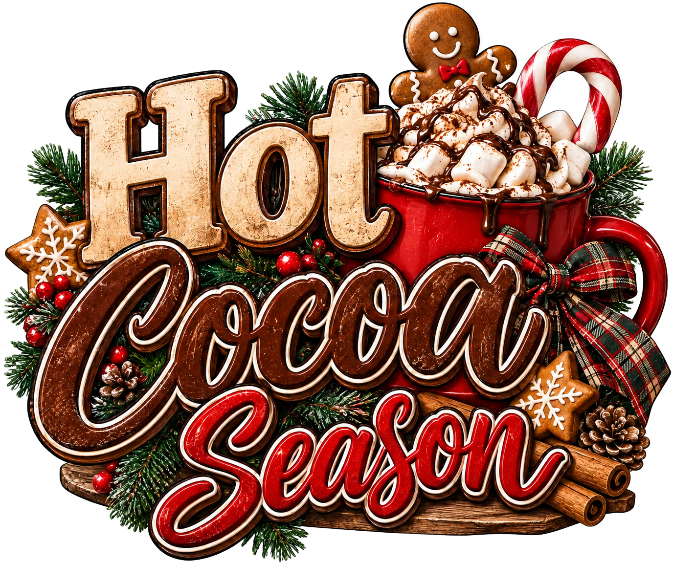 Hot Cocoa Season Christmas — Christmas PNG design for shirts, sweatshirts & mugs. Black art sublimation & DTF print file | The Royal Edit