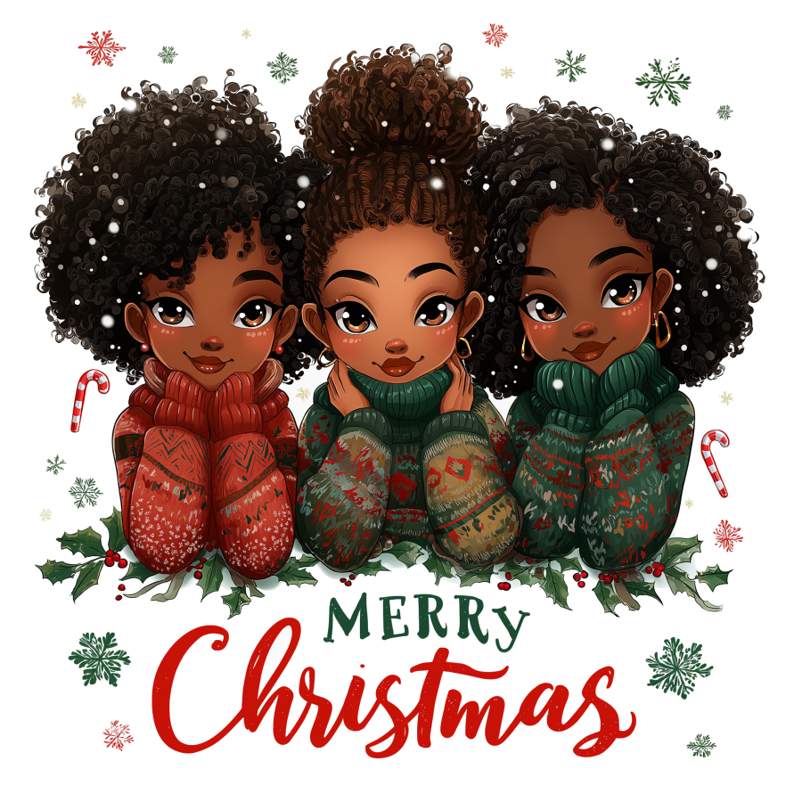 Merry Christmas Natural Curls Trio — Christmas PNG design for shirts, sweatshirts & mugs. Black art sublimation & DTF print file | The Royal Edit