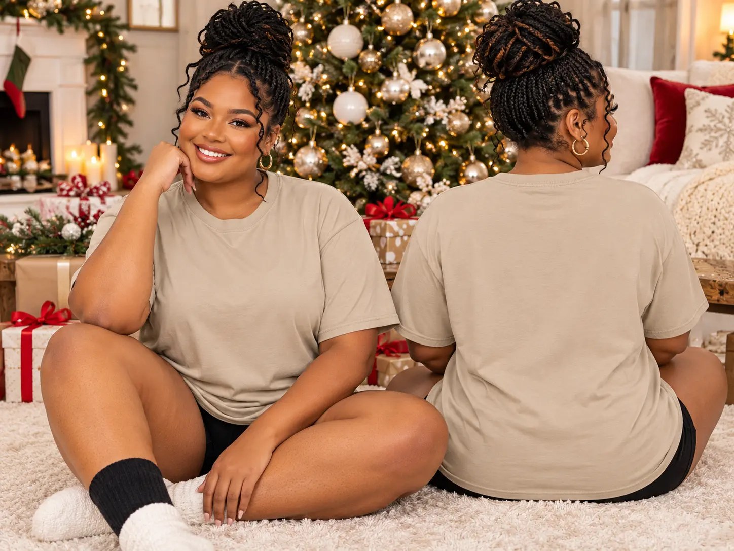 Women’s Sand T-Shirt Front & Back Mockup — Black woman Christmas t-shirt mockup, front and back view, plus size curvy model. Blank t-shirt mockup for Etsy, Shopify & print on demand | The Royal Edit