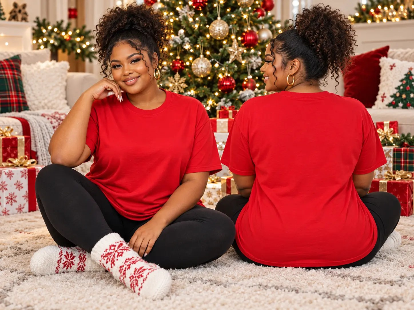 Women’s Red T-Shirt Front & Back Mockup — Black woman Christmas t-shirt mockup, front and back view, plus size curvy model. Blank t-shirt mockup for Etsy, Shopify & print on demand | The Royal Edit