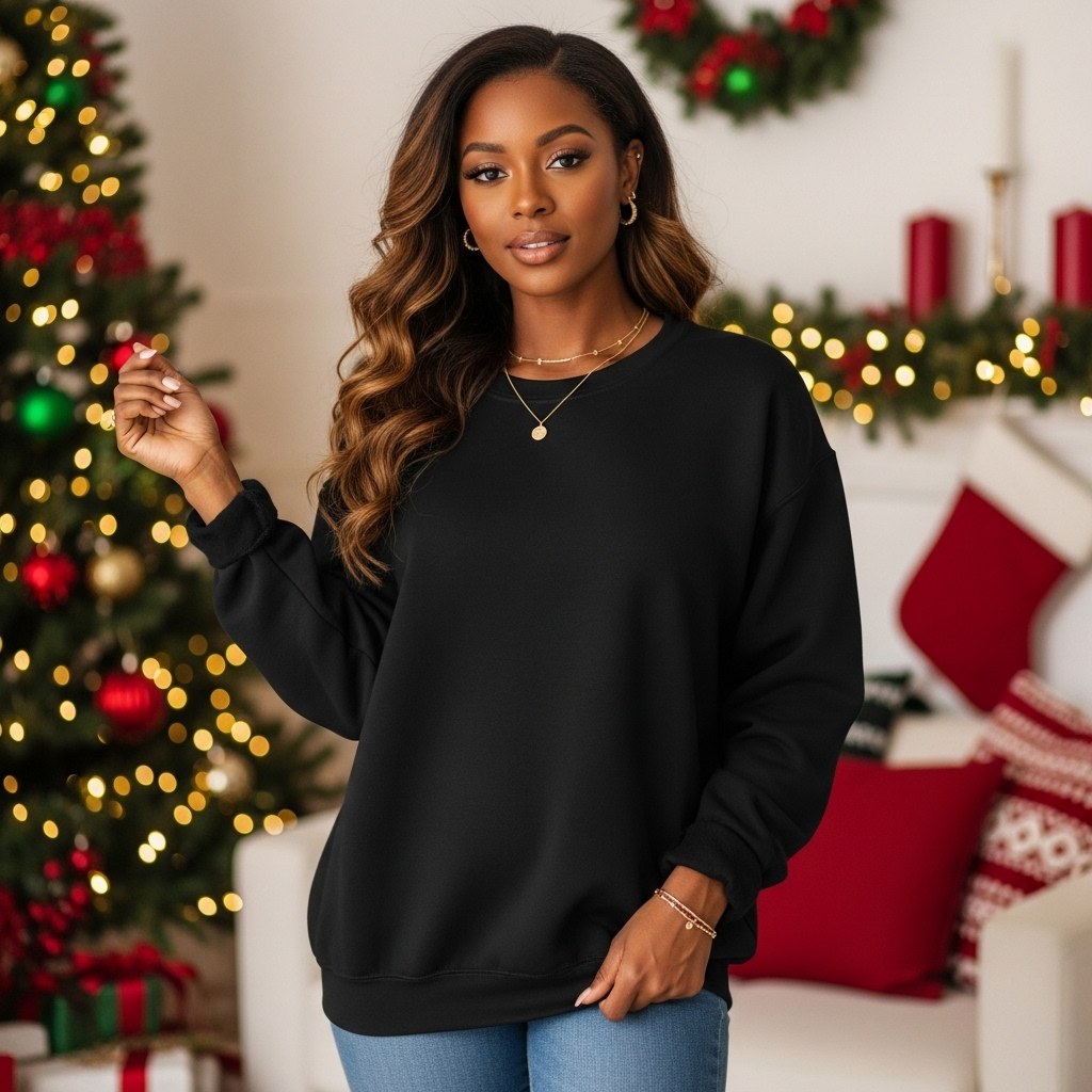 Midnight Black Crewneck — Black woman Christmas sweatshirt mockup. Blank sweatshirt mockup for Etsy, Shopify & print on demand | The Royal Edit