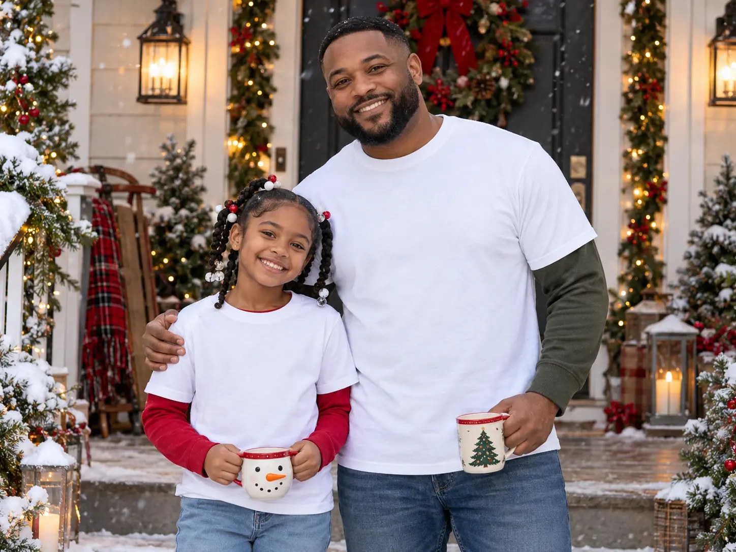 Dad & Daughter White Tee Porch Mockup — Black family Christmas t-shirt mockup, matching family holiday shirts. Blank t-shirt mockup for Etsy, Shopify & print on demand | The Royal Edit