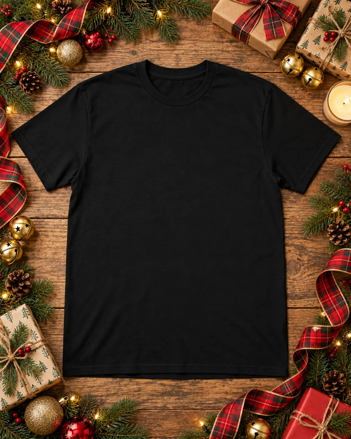Black T-Shirt Flat Lay Christmas Mockup — Christmas flat lay Christmas t-shirt mockup. Blank t-shirt mockup for Etsy, Shopify & print on demand | The Royal Edit
